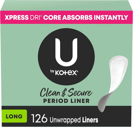 U by Kotex Panty Liners, Clean & Secure, Light Absorbency, Long Length, 126 Count (Packaging May Vary)