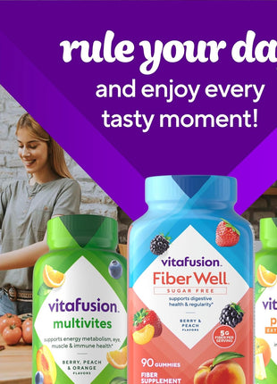 Vitafusion Fiber Well Gummies for GLP-1 Support | 5mg | 90 Count | Sugar Free Adult Gummy | Vitamins For Women & Men | Berry & Peach Flavors | Gluten Free Formula