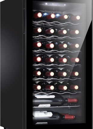 12 Bottle Wine Cooler, Mini Fridge for Red and White, Small Freestanding Refrigerator with 40-66F Digital Temperature Control Glass Door