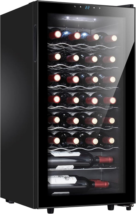 12 Bottle Wine Cooler, Mini Fridge for Red and White, Small Freestanding Refrigerator with 40-66F Digital Temperature Control Glass Door