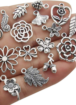 Youdiyla 100pcs Mix Silver Tree Flower Charms Collection, Bulk Mini Small Little Charms Metal Pendant Craft Supplies Findings for Necklace and Bracelet Jewelry Making (HM291)
