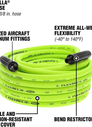 Flexzilla Air Compressor Hose, 3/8 in. x 50 ft., 1/4 in. MNPT Fittings, No-Kink, All Weather, Lightweight, Premium Hybrid Polymer, 300 PSI, ZillaGreen