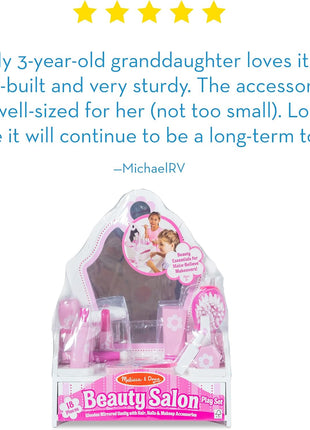 Melissa & Doug Wooden Beauty Salon Play Set, 18-Piece Vanity with Pretend Play Toys, Makeup, Mirror, Accessories & More, Preschool Toys for Girls & Boys Ages 3+ - FSC Certified