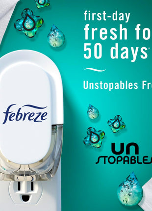 Febreze Plug in Air Freshener, Odor-Fighting Scented Oil Refill, Air Fresheners for Home and Bathroom and Kitchen, Long Lasting for Strong Odors, Unstopables Fresh Scent, 0.87oz Refills, 3 Count