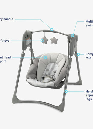 Graco Slim Spaces Compact Baby Swing, Space Saving Portable Bay Swing with Height Adjustable Legs & Soft Toys, Reign