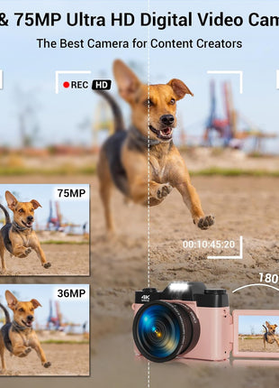 4K Digital Camera for Photography, 75MP WiFi Vlogging Camera for YouTube, 3" 180° Flip Screen Point and Shoot Camera with 64GB SD Card, Anti-Shak & 2 Batteries, Compact Travel Camera for Beginners