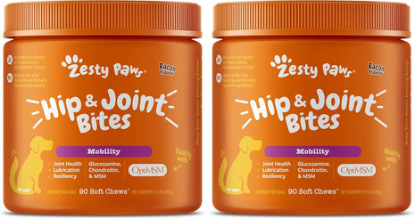 Zesty Paws Hip and Joint for Dogs, Glucosamine for Dogs Hip and Joint Supplement with Chondroitin, MSM, Vitamins C & E - Bacon, 90 Count (Pack of 2)