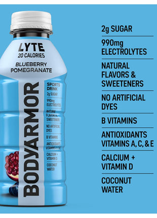 BODYARMOR LYTE Sports Drink Low-Calorie Sports Beverage, Blueberry Pomegranate, Coconut Water Hydration, Natural Flavors With Vitamins, Potassium-Packed Electrolytes, Perfect For Athletes, 16 Fl Oz (Pack of 12)