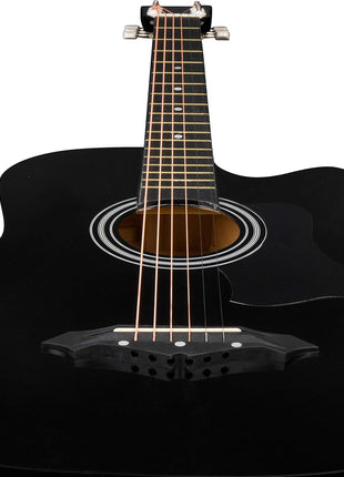 38 inch black beginner acoustic guitar,bundle with a strap with picks holder,digital tuner, set strings, capo,cleaning cloth,6 picks,gig bag.(JG-38C,BK)