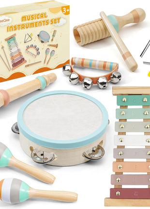 LeeQee Montessori Wooden Musical Instruments Set, Xylophone for Toddlers 2+ | Neutral Boho Colors, Nursery Decor Friendly, Sensory Percussion Toys for Preschool Boys and Girls, Early Learning Gift
