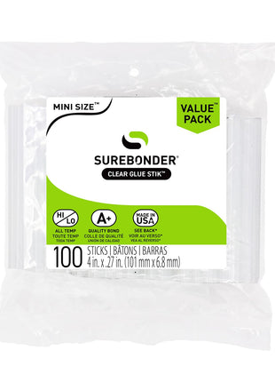 Surebonder DT-100 Mini Size Hot Glue Sticks for Mini Glue Guns 0.27 in. Diameter, 4 in. Length - All Purpose, All Temperature - Great for DIY, Arts, and Crafting - 100 Pack, Clear