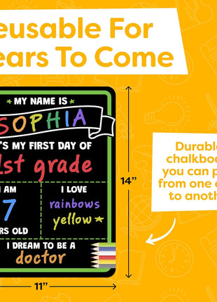 First Day of School Sign Board with Liquid Chalk Markers - 14 inchx11 inch Double-Sided & Reusable - My First and Last Day - Back to School Supplies Board for Kindergarten, Preschool