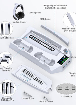 PS5/PS5 Slim/PS5 Pro Stand and Cooling Station with Dual Controller Charging Station for PlayStation 5 Console, PS5 Accessories Incl. Controller Charger, Cooling Fan, Headset Holder, 3 USB Hub, White