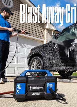 Westinghouse ePX3100v Electric Pressure Washer, 2100 Max PSI 1.76 Max GPM, Built-in Carry Handle, Detachable Foam Cannon, Pro-Style Steel Wand, 3-Nozzle Set, for Cars/Fences/Driveways/Home/Patios