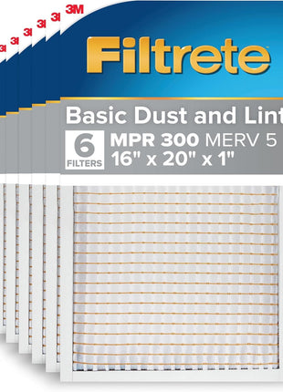 Filtrete 16x20x1 AC Furnace Air Filter, MERV 5, MPR 300, Capture Unwanted Particles, 3-Month Pleated 1-Inch Electrostatic Air Cleaning Filter, 6-Pack (Actual Size15.69x19.69x0.81 in)
