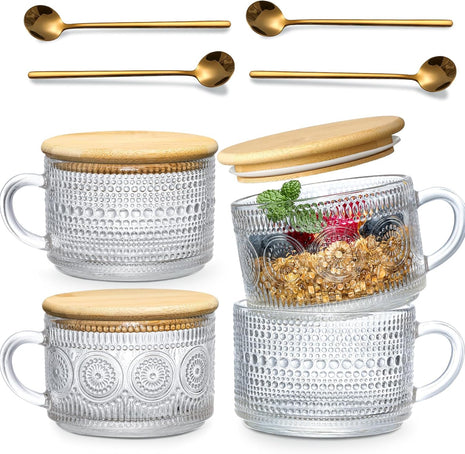 4pcs Set Vintage Coffee Mugs gifts for women, Overnight Oats Containers with Bamboo Lids and Spoons   14oz Clear Embossed Glass Cups, Cute Coffee Bar Accessories, Iced Coffee Glasses