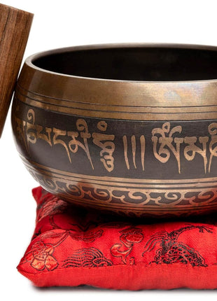 Premium Tibetan Singing Bowl Set – Handmade in Nepal Sound & Meditation Bowl – Spiritual Decor for Yoga, Wellness Spaces & Relaxation by Himalayan Bazaar (Brown & Red)