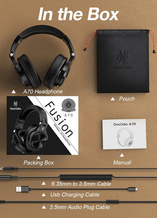 OneOdio A70 Bluetooth Over-Ear Headphones, Hi-Res Wired DJ Studio - Black | Wireless over-ear headphones with 72H playtime, 3.5mm/6.35mm wired jacks for studio monitoring, mixing, guitar, amp and PC