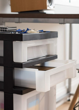 IRIS USA 4-Drawer Rolling Storage Cart with Organizer Top, Black/Pearl | Keep craft supplies, office essentials, classroom items, and accessories organized with easy-access drawers for daily use