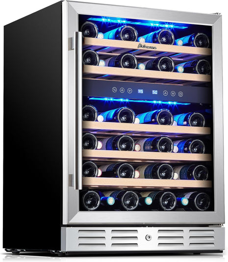Kalamera 24 inch Wine Cooler, 37 Bottle Dual Zone Built-in or Freestanding | Wine Fridge with Stainless Steel Reversible Glass Door, for Home, Kitchen or Office