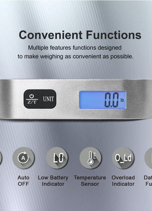 travel inspira Luggage Scale, Portable Digital Hanging Baggage Scale for Travel, Suitcase Weight Scale with Rubber Paint, 110 Pounds, Battery Included - Silver