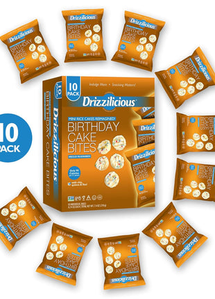 Drizzilicious Mini Flavored Rice Cakes Birthday Cake - Rice Crisps, Healthy Snack for Adults and Kids, Vegan, Gluten Free Snack, Allergen Free, Only 90 Calories Per Bag - 0.74 oz (Pack of 10)