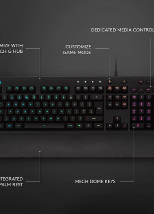 Logitech G213 Prodigy Gaming Keyboard - Wired RGB Backlit Keyboard with Mech-Dome Keys, Palm Rest, Adjustable Feet, Media Controls, USB, Compatible with Windows ??Black