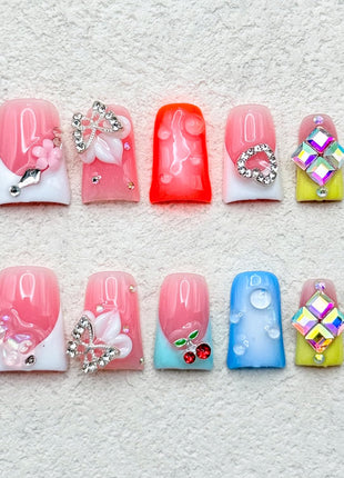 RIICFDD French Press on Nails Orange 5D Flower Art Handmade Duck Nails