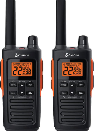 Cobra RX680 Walkie Talkies (2-Pack) - Rugged & Splashproof Two Way Radios Long Range, IP54 Water Resistant Design, 60 Pre-Programmed Channels, Weather Alerts, Included Charging Dock (Black/Orange)