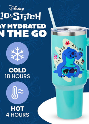 Silver Buffalo Disney Lilo and Stitch Aloha, Stainless Steel Tumbler, 40oz | Double Walled, Handle and Straw, Fits in Standard Cup Holder, Drinkware, Water Bottle, No Bad Days Chillin, Blue, 1.18 Liters