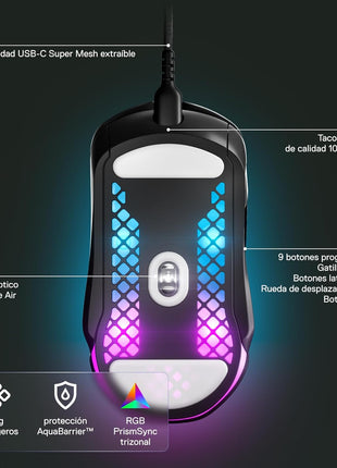 SteelSeries Aerox 5 - Holey RGB Gaming Mouse - Ultra-lightweight Water Resistant Design - 18K DPI TrueMove Air Optical Sensor | TrueMove Air sensor with 9 buttons and 66g weight for precision, speed and durability