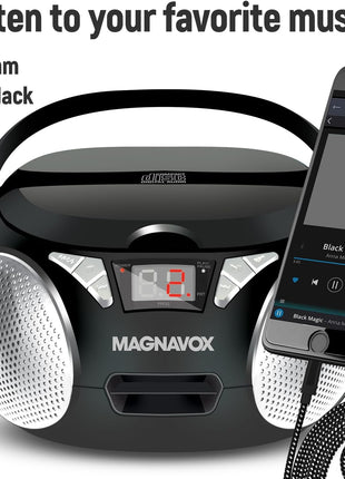 Magnavox MD6924 Portable Top Loading CD Boombox with AM/FM Stereo Radio in Black | CD-R/CD-RW Compatible | LED Display | AUX Port Supported | Programmable CD Player |
