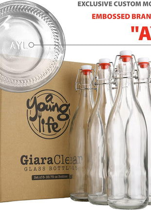 Flip Top Glass Bottle [1 Liter / 33 fl. oz.] [Pack of 6] – Swing Brewing with Stopper for Beverages, Oil, Vinegar, Kombucha, Beer, Water, Soda, Kefir Airtight Lid & Leak Proof Cap Clear