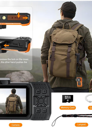 8K UHD 70MP WiFi Digital Camera with 64GB Card Rugged Waterproof Dustproof Shockproof 33FT Underwater Camera Dual-Screen Selfie for Snorkeling Autofocus Point and Shoot Digital Camera (Orange)