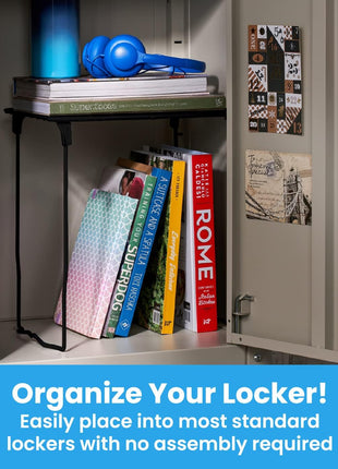 LockerMate Stac-A-Shelf Locker Organizer Shelf, Stackable, Extra Tall, Fits Standard Size School Lockers, Black