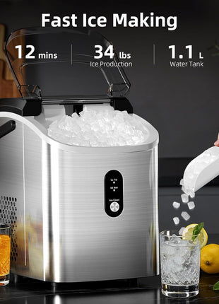 Antarctic Star Nugget Ice Maker Countertop with Soft Chewable Ice, Portable Sonic Ice Maker with Basket and Scoop, Removable Top Cover, Auto-Cleaning for Home/Party/RV/Camping (Stainless Steel Silver)