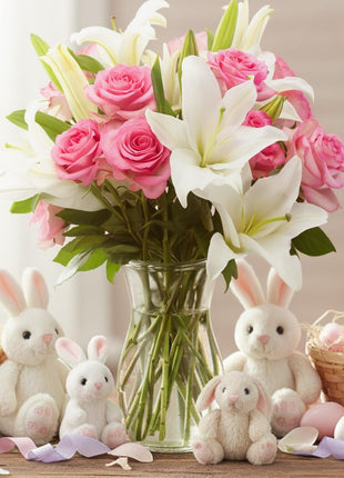 Benchmark Bouquets - Oriental Lily Flower & Pink Roses Bouquet - Fresh Flowers for Delivery - Real Flowers in a Vase - Romantic Gift Set - Easter Gifts (Glass Vase Included)