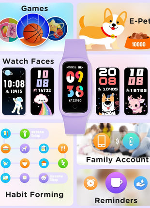 BIGGERFIVE Vigor 3 Kids Fitness Tracker Watch, AMOLED Screen, No App No Phone Needed, 3ATM Waterproof, Heart Rate and Sleep Monitor, Pedometer Watch, Sports Step Counter for Girls Ages 5-15, Lilac