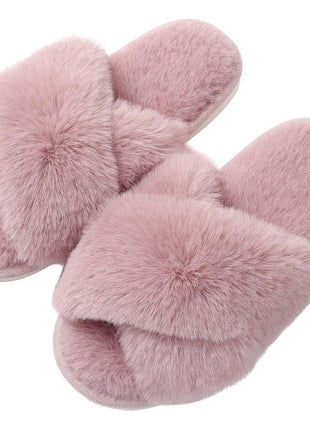 Evshine Women's Fuzzy Slippers Cross Band Memory Foam House Slippers Open Toe Indoor Outdoor Shoes, White, 38-39 (Size 7-8)