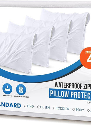 Utopia Bedding Set of 4 Waterproof Pillow Protectors with Zipper Standard Size (White), Ultra Soft Pillow Covers, Bed Bug and Dust Mite Proof Pillow Encasements, Moisture Wicking Pillow Cases