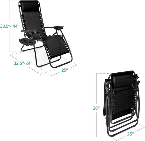 Best Choice Products Set of 2 Adjustable Steel Mesh Zero Gravity Lounge Chair Recliners w/Pillows and Cup Holder Trays - Black