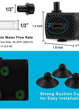 PULACO 95GPH 5W Mini Submersible Water Pump for Aquarium Fish Tank, Pond, Fountain, Hydroponics