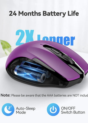 TECKNET Wireless Mouse, 2.4G Ergonomic Computer Mouse, 2600 DPI, Purple | Ergonomic Design with Side Grips, Adjustable DPI, 2-Year Battery, Compact Size, USB-A Plug & Play, Wide OS Compatibility