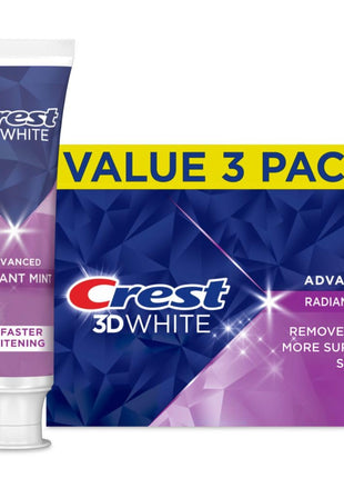 Crest 3D White Advanced Teeth Whitening Toothpaste, Crest 3D White Brilliance Toothpaste, Radiant Mint, 3.3 oz, Pack of 3
