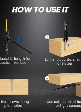 EZARC Countersink Drill Bit Set, 12 PCS Counter Sink Drill Bit Adjustable, #4, #6, #8, #10, #12, Magnetic Extension bit Holder for Woodworking with Storage Box