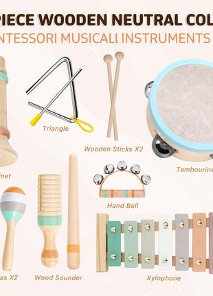 LeeQee Montessori Wooden Musical Instruments Set, Xylophone for Toddlers 2+ | Neutral Boho Colors, Nursery Decor Friendly, Sensory Percussion Toys for Preschool Boys and Girls, Early Learning Gift
