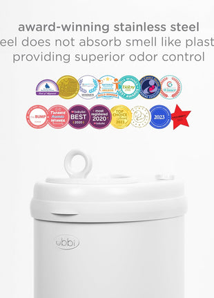 Ubbi Steel Diaper Pail, Odor Locking, No Special Bag Required, Award-Winning, Registry Must-Have, White | Award-Winning Registry Must-Have, Childproof Safety Lid with Lock, Holds Up To 55 Newborn Diapers, Modern Nursery Essential