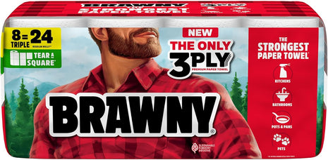 Brawny Tear A Square 3 Ply Paper Towels, 8 Triple Rolls = 24 Regular Rolls, Strong, Absorbent, and Durable with 3 Sheet Sizes (Quarter, Half, Full)