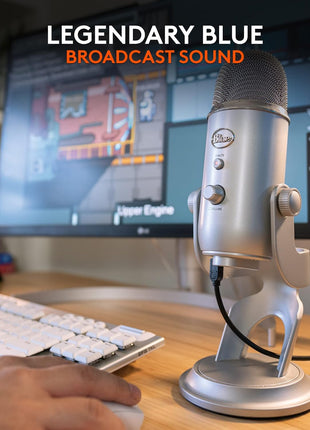 Logitech Creators Blue Yeti USB Microphone for PC, Mac, Gaming, Recording, Streaming, Podcasting, Studio and Computer Condenser Mic with Blue VO!CE Effects, 4 Pickup Patterns, Plug and Play - Silver