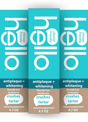 hello Antiplaque and Whitening Fluoride Free Toothpaste, Whitening Toothpaste with Coconut Oil and Tea Tree Oil, Helps Whiten Teeth, Natural Peppermint, 3 Pack, 4.7 Oz Tubes